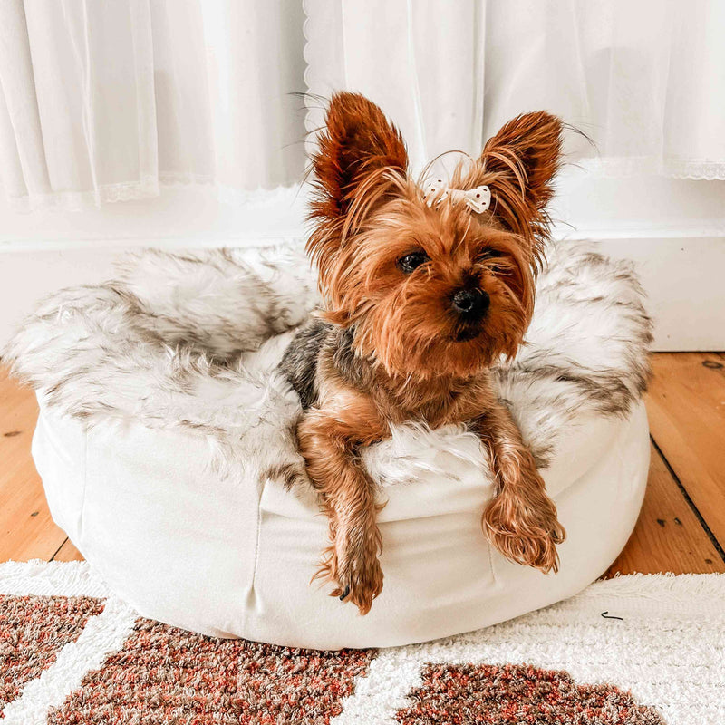 Load image into Gallery viewer, PupPouf™ Faux Fur Donut Dog Bed - White with Brown Accents
