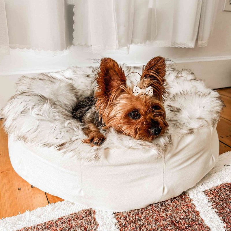 Load image into Gallery viewer, PupPouf™ Faux Fur Donut Dog Bed - White with Brown Accents