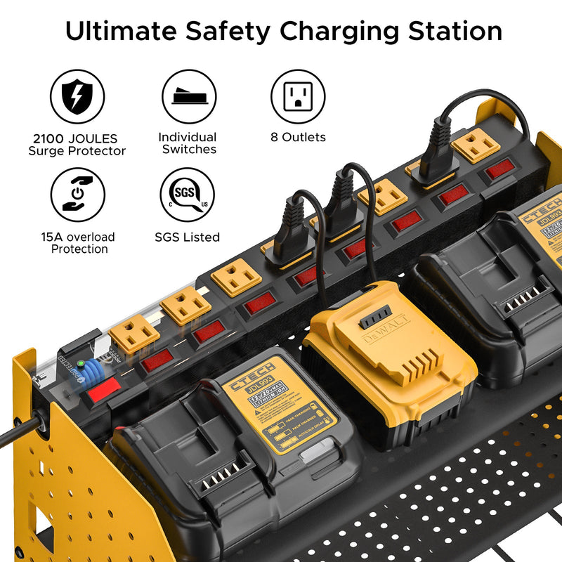 Load image into Gallery viewer, 3 Layers Power Tools Organizer Wall Mount with Charging Station, Garage Tool Storage Rack Shelf with 8-Outlet Individual Switches Power Strip