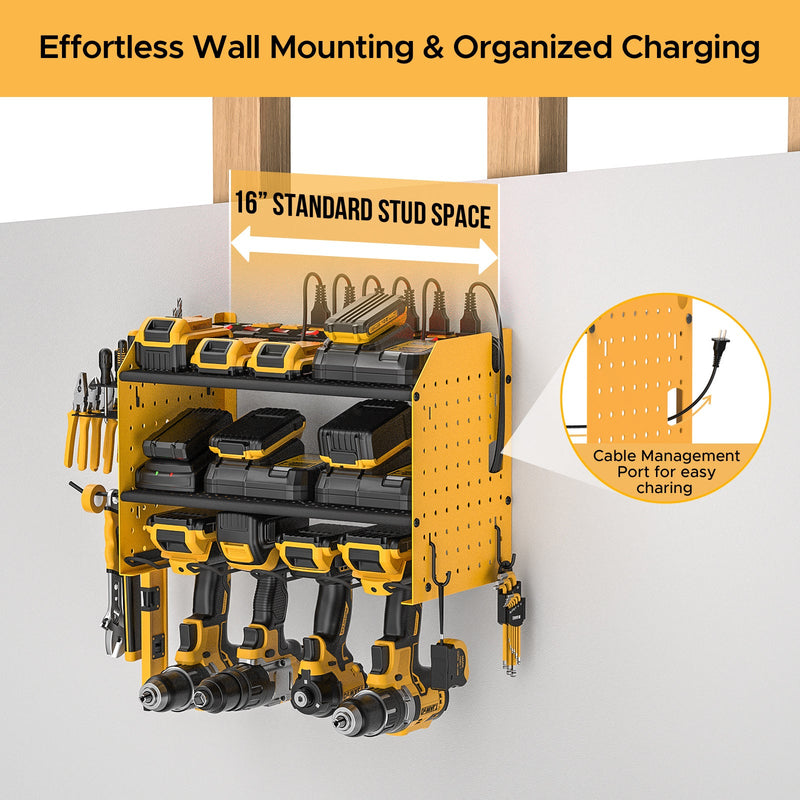 Load image into Gallery viewer, 3 Layers Power Tools Organizer Wall Mount with Charging Station, Garage Tool Storage Rack Shelf with 8-Outlet Individual Switches Power Strip