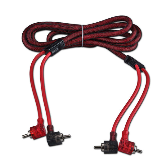 100% OFC Ultra Flex 2-Channel RCA with 90 Degree Ends, Dual Twist Wire, Red Braided Jacket - 6 ft