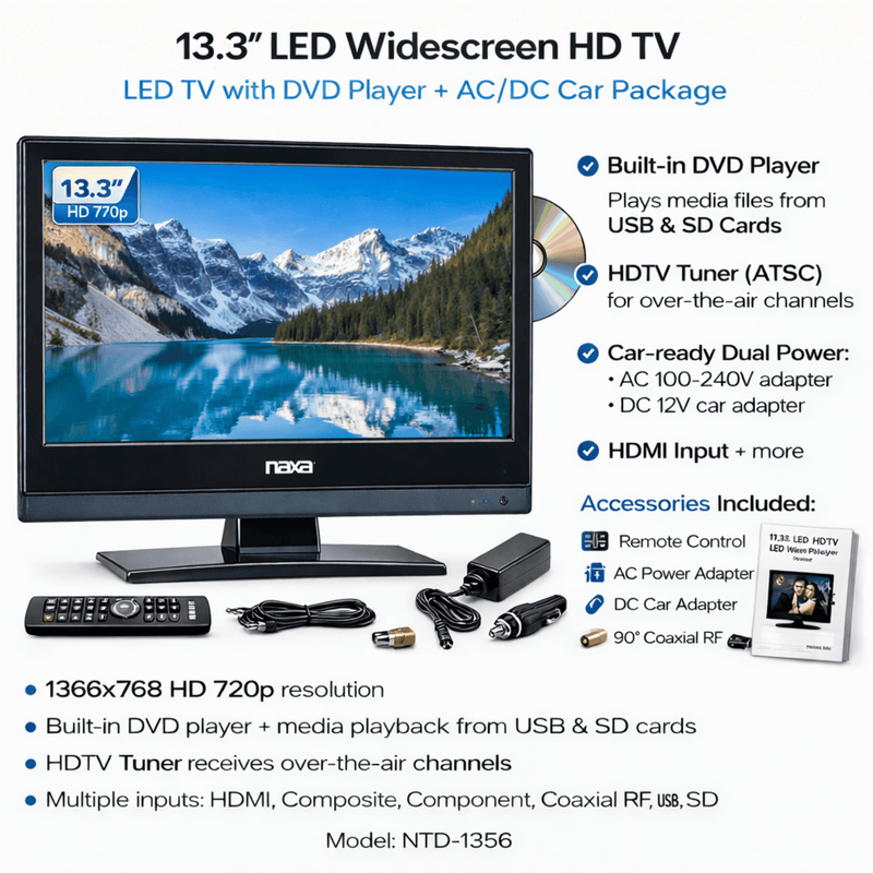 Load image into Gallery viewer, Naxa 13.3 Inch 12Volt AC/DC LED HDTV ATSC with DVD and Media Player + Car Package