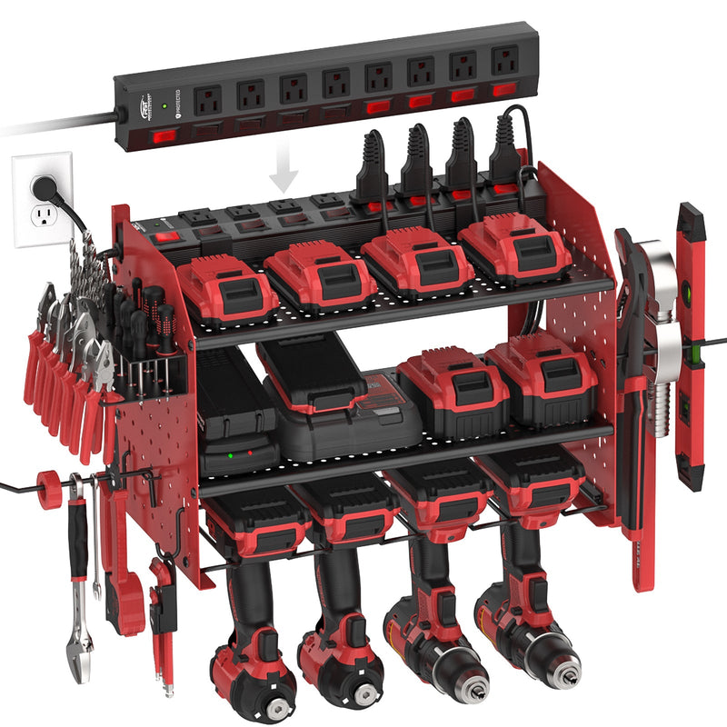 Load image into Gallery viewer, 3 Layers Power Tools Organizer Wall Mount with Charging Station, Garage Tool Storage Rack Shelf with 8-Outlet Individual Switches Power Strip
