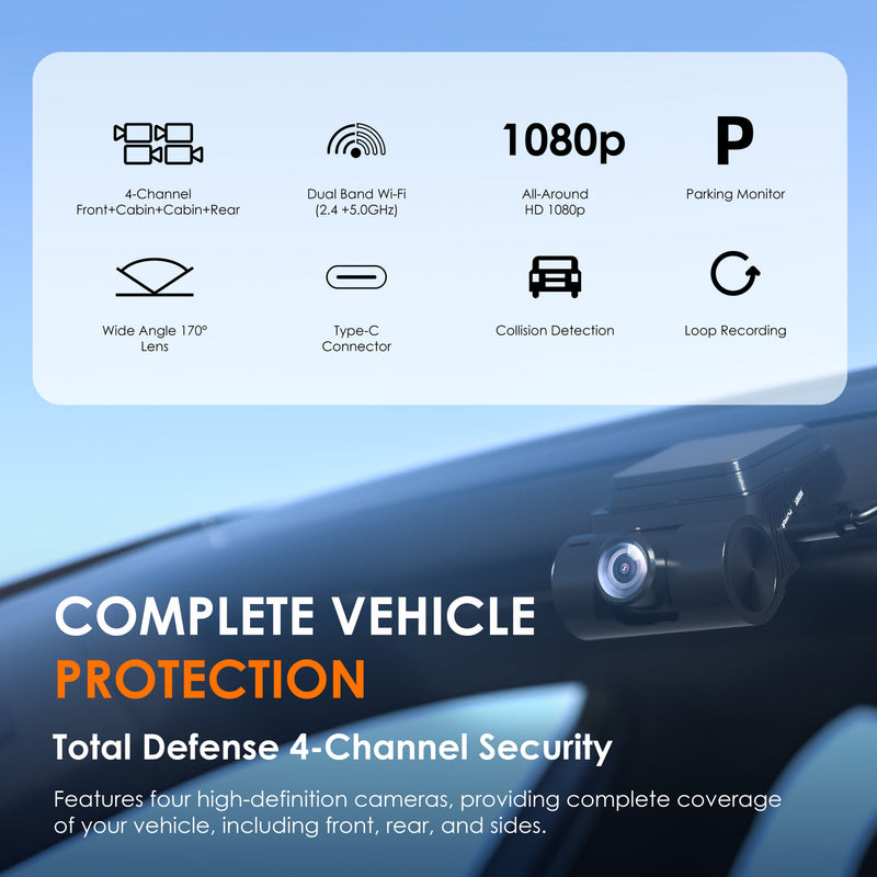 Load image into Gallery viewer, REXING RH2-4 Quad-Channel Dash Cam – 1080p Front, Rear, Cabin, and Exterior Coverage with Wi-Fi, and Optional GPS