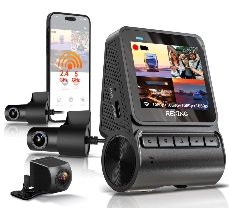 Load image into Gallery viewer, REXING RH2-4 Quad-Channel Dash Cam – 1080p Front, Rear, Cabin, and Exterior Coverage with Wi-Fi, and Optional GPS