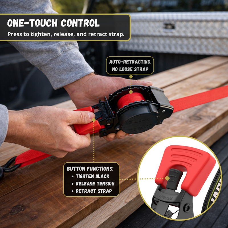 Load image into Gallery viewer, Retractable Ratchet Straps - 1" x 15 ft (1,760 lbs Break Strength) | Auto Self Retracting Cargo Tie Down Strap Set