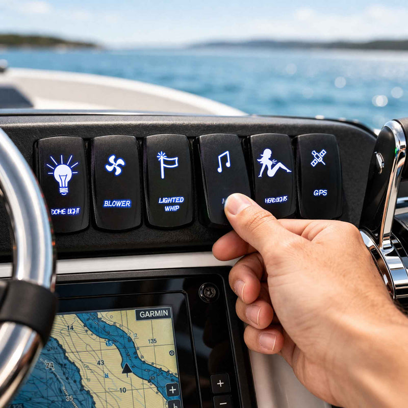 Load image into Gallery viewer, Waterproof Funny Rocker Switch 12v ON/Off, LED Backlit with Etched Design w/Toggle Switch 12v - UTV, Auto, Boat 20A Variation