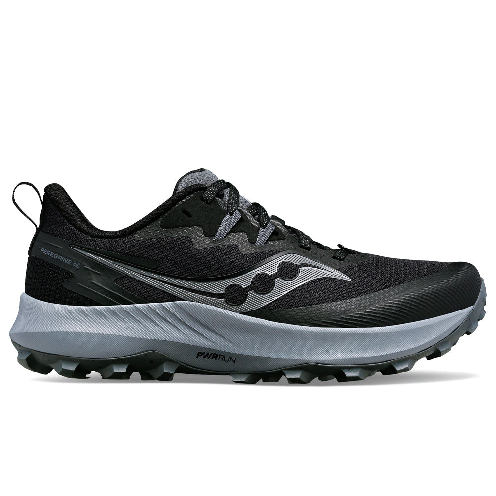 Women's Saucony Peregrine 14, Black/Carbon, 9 B Medium - Skoutley Outdoors LLC