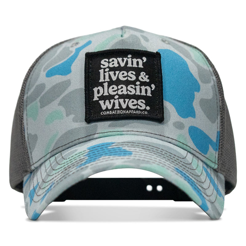 Load image into Gallery viewer, Savin' Lives & Pleasin' Wives Patch SnapBack Hat