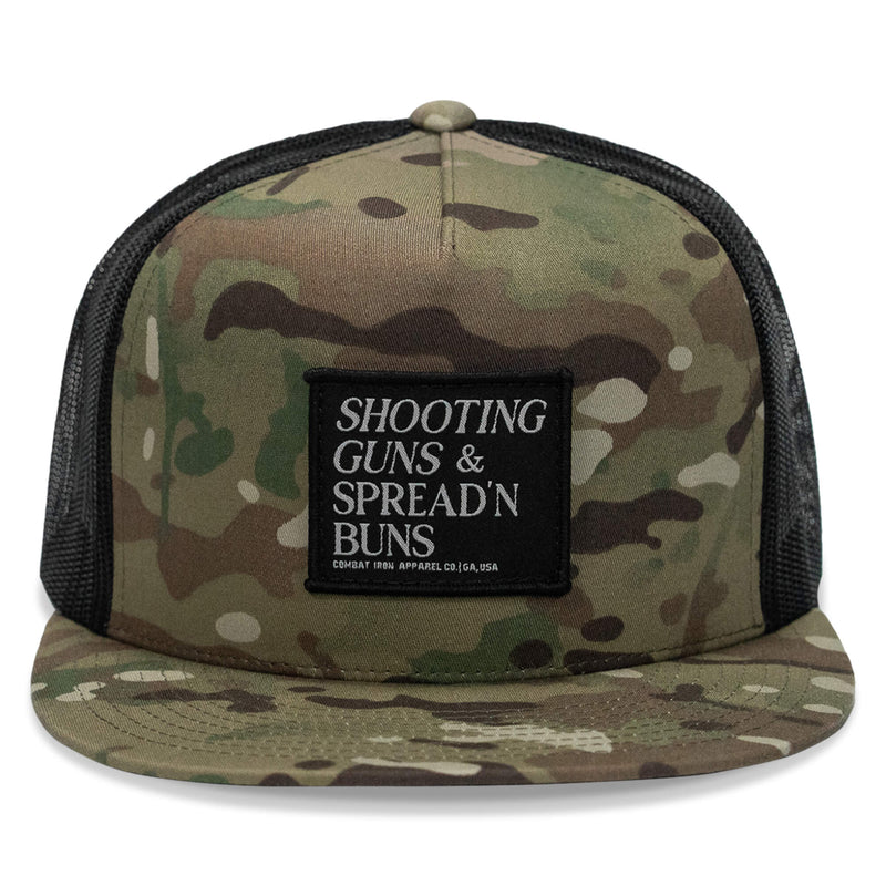 Load image into Gallery viewer, Shooting Guns & Spreadin' Buns Patch Flatbill Hat