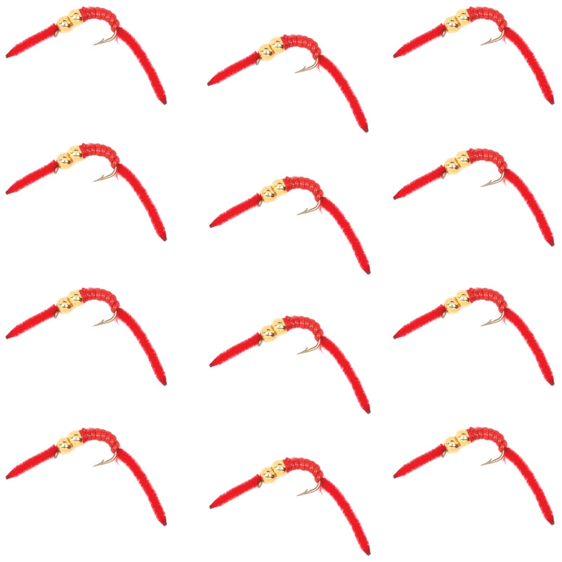 Load image into Gallery viewer, San Juan Double Bead Power Worm Red V-Rib - 1 Dozen Nymph Flies Hook Size 14