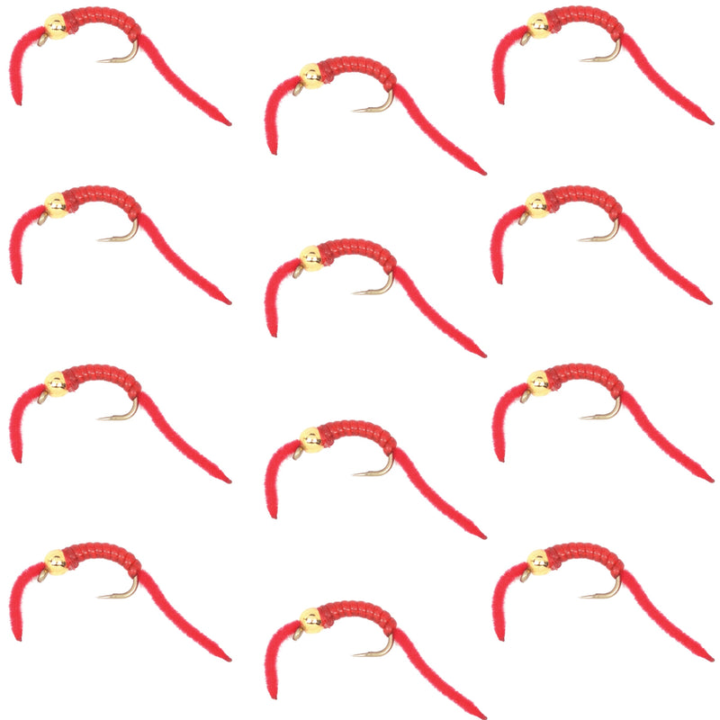Load image into Gallery viewer, San Juan Worm Bead Head Power Worm Red V-Rib - 1 Dozen Nymph Flies Hook Size 12