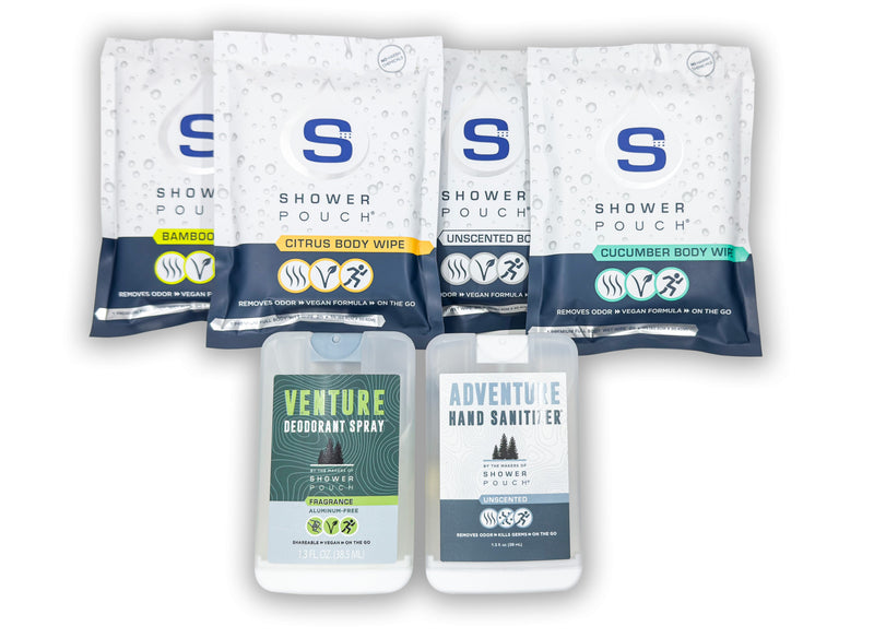 Load image into Gallery viewer, Tactical Molle Zipper Bag + Adventure Sampler Kit: 4 Shower Pouches, 1 Hand Sanitizer (80%), and 1 Deodorant