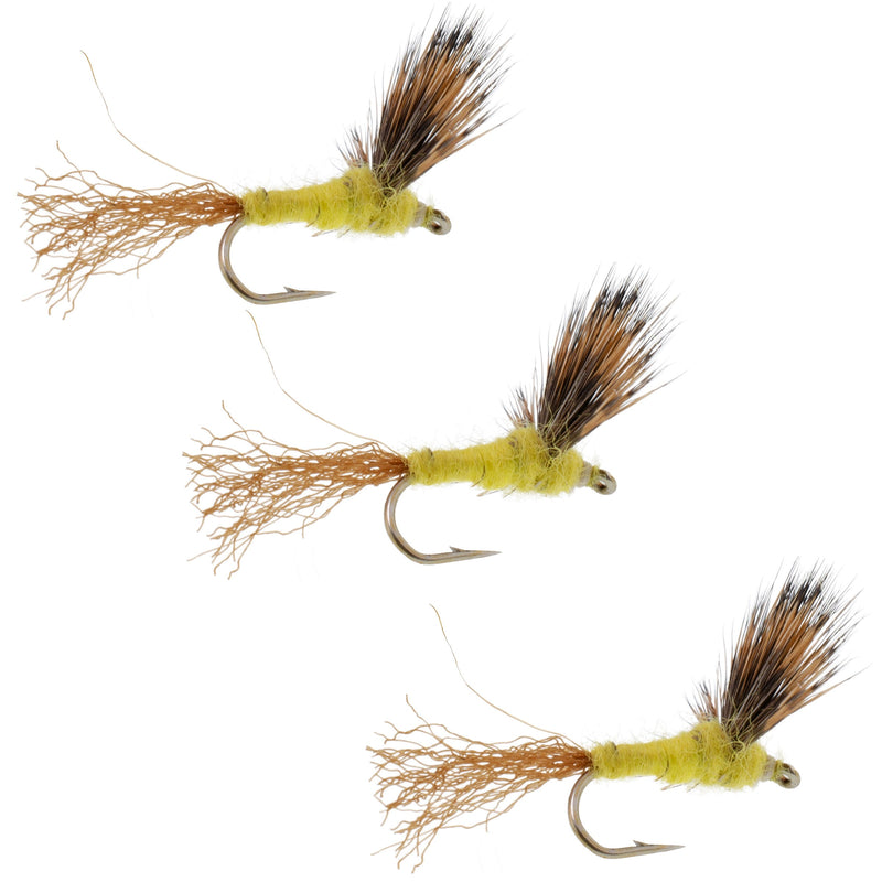 Load image into Gallery viewer, 3 Pack Sparkle Dun Pale Morning Dun PMD Yellow Body Mayfly Hook Size 14