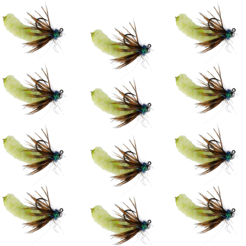 Load image into Gallery viewer, Tungsten Bead Chartreuse Mop Fly Tactical Jig Czech Euro Nymph Barbless Fly - 1 Dozen Flies Size 14