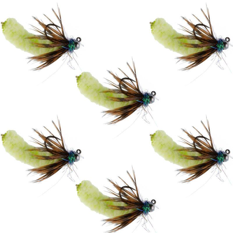 Load image into Gallery viewer, Tungsten Bead Chartreuse Mop Fly Tactical Jig Czech Euro Nymph Barbless Fly - 6 Flies Size 14
