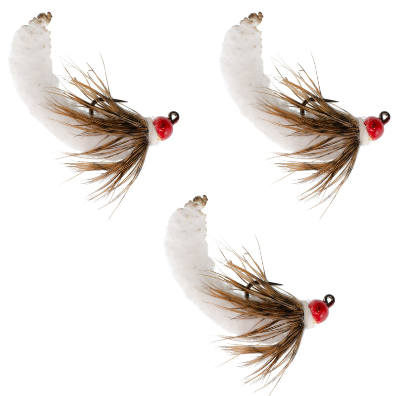 Load image into Gallery viewer, 3 Pack Tungsten Bead White Mop Fly Tactical Jig Czech Euro Nymph Barbless - Size 14