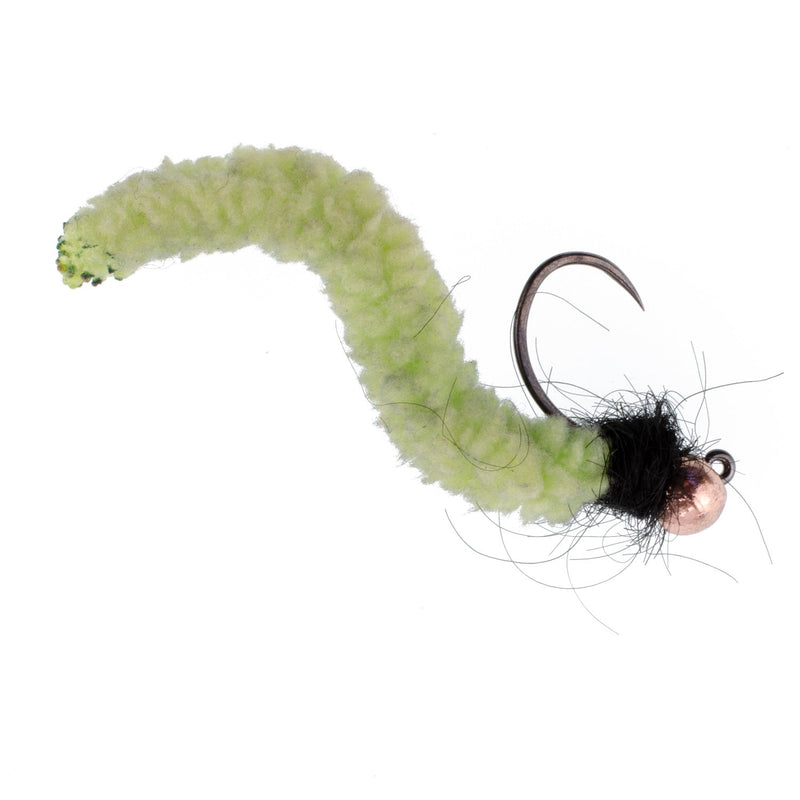 Load image into Gallery viewer, Tungsten Bead Chartreuse Wormy Mop Fly Tactical Jig Czech Euro Nymph Barbless Fly - 1 Dozen Flies Size 14