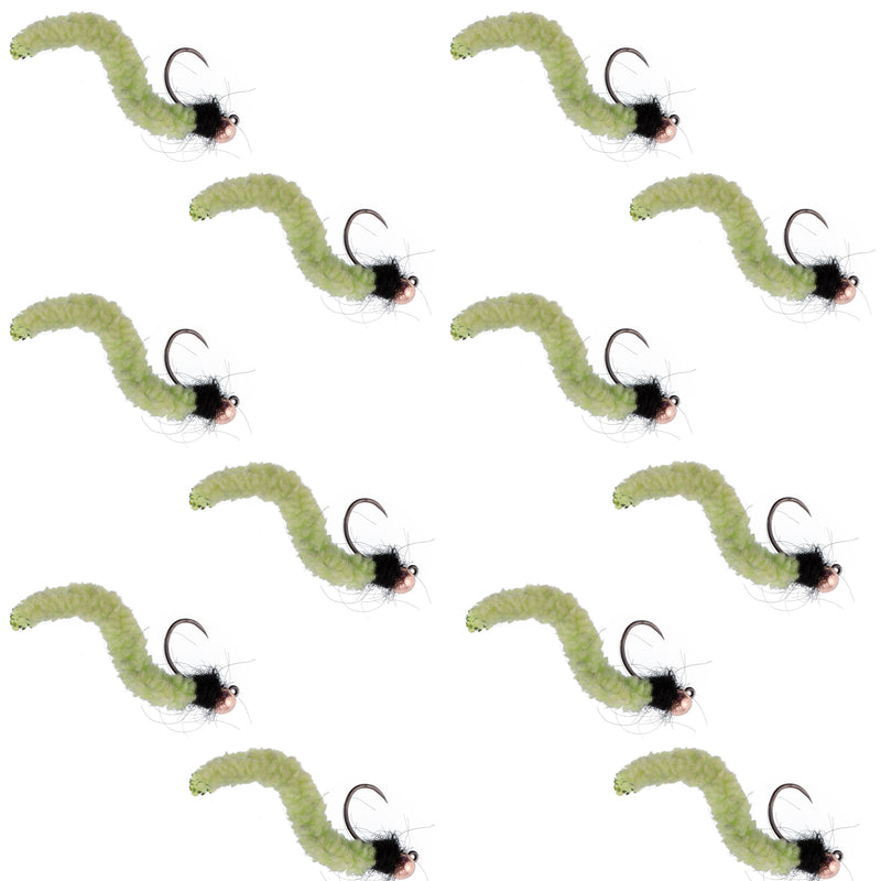 Load image into Gallery viewer, Tungsten Bead Chartreuse Wormy Mop Fly Tactical Jig Czech Euro Nymph Barbless Fly - 1 Dozen Flies Size 14