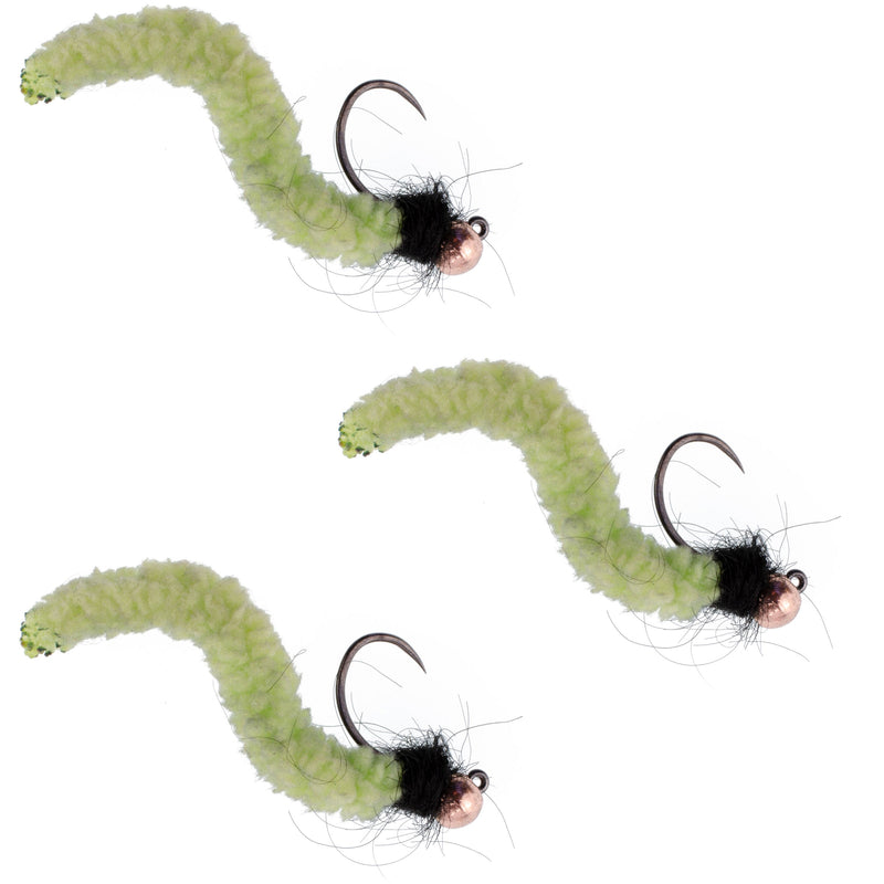 Load image into Gallery viewer, 3 Pack Tungsten Bead Chartreuse Wormy Mop Fly Tactical Jig Czech Euro Nymph Barbless - Size 12