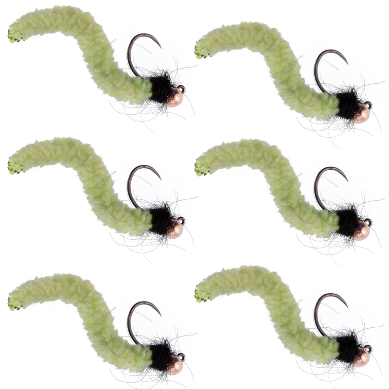 Load image into Gallery viewer, Tungsten Bead Chartreuse Wormy Mop Fly Tactical Jig Czech Euro Nymph Barbless Fly - 6 Flies Size 14
