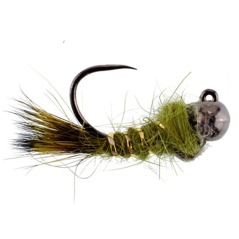 Load image into Gallery viewer, 3 Pack Black Tungsten Bead Tactical Olive Hares Ear Czech Nymph Euro Nymphing Fly - Hook Size 16