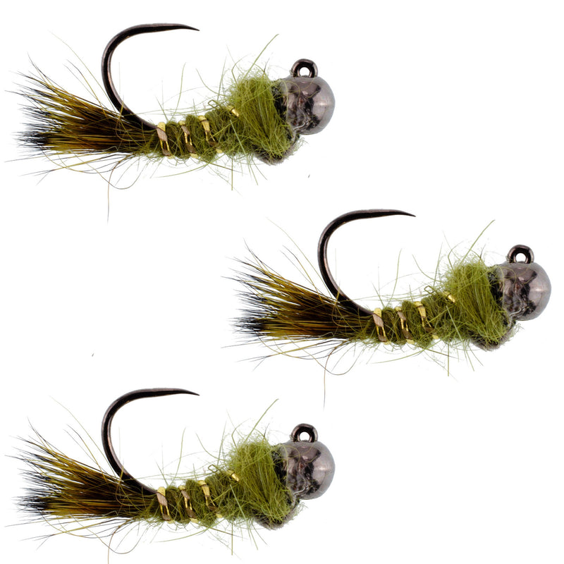 Load image into Gallery viewer, 3 Pack Black Tungsten Bead Tactical Olive Hares Ear Czech Nymph Euro Nymphing Fly - Hook Size 16