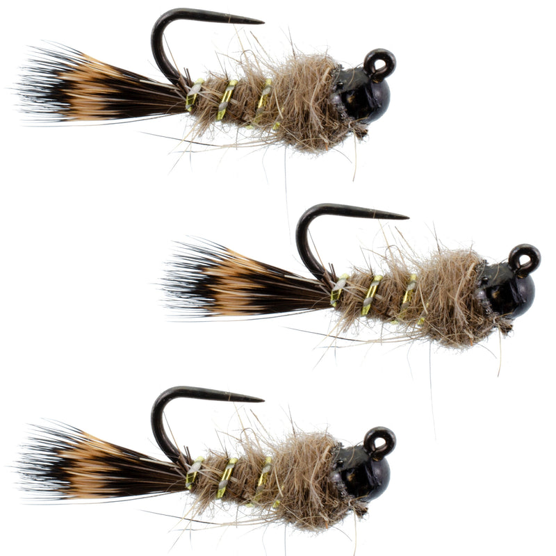 Load image into Gallery viewer, 3 Pack Black Tungsten Bead Tactical Hares Ear Czech Nymph Euro Nymphing Fly - Hook Size 14