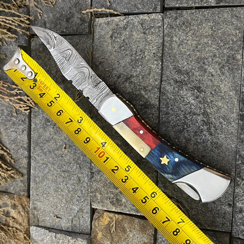 Load image into Gallery viewer, Damascus Steel Pocket Knife with Texas Flag Handle – 3" Blade, Leather Sheath