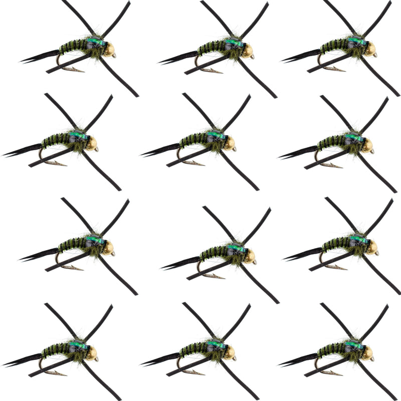 Load image into Gallery viewer, Tungsten Bead Head Rubber Legs Black Olive Zebra Copper John Nymph Fly Fishing Flies - 1 Dozen Flies Hook Size 14