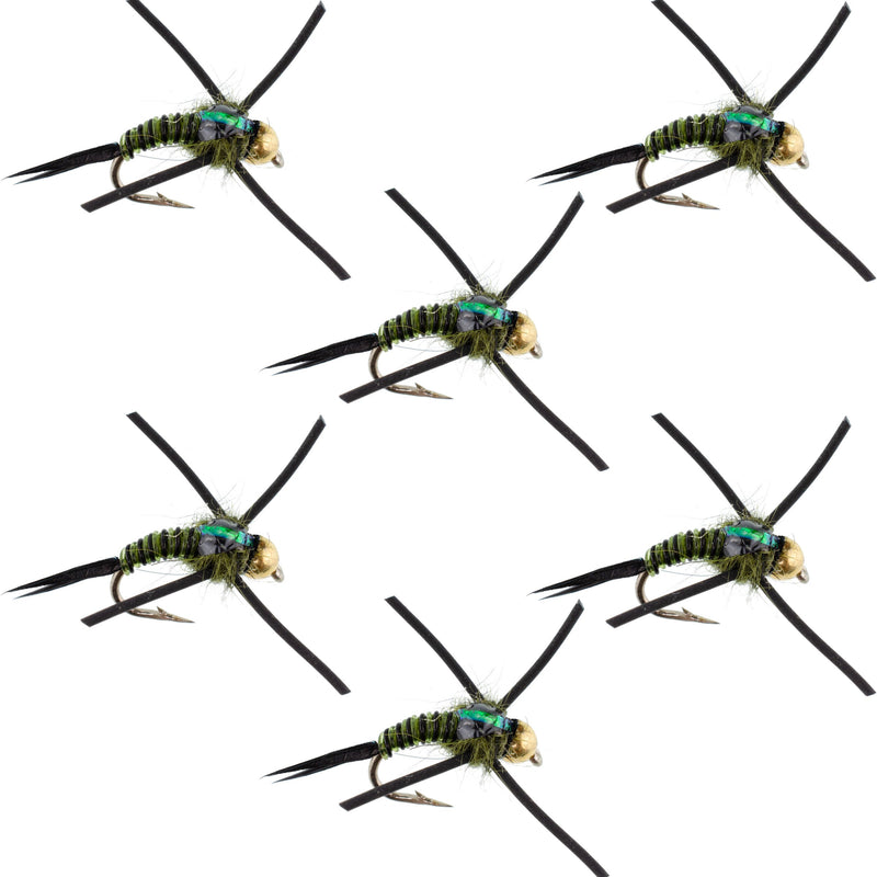 Load image into Gallery viewer, Tungsten Bead Head Rubber Legs Black Olive Zebra Copper John Nymph Fly Fishing Flies - Set of 6 Flies Hook Size 12