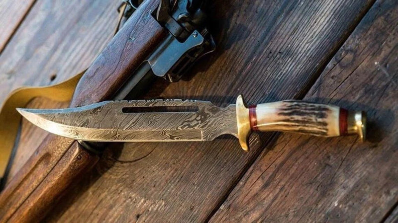 Load image into Gallery viewer, Damascus Steel Vintage Bowie Knife – 13" with Brass Guard & Stag Horn Handle, Comes with Leather Sheath