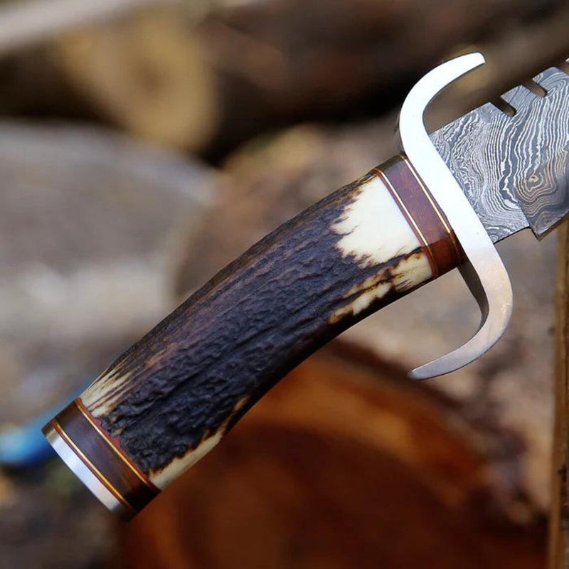 Load image into Gallery viewer, Damascus Steel Western Bowie Knife – 12" with Damascus Steel Guard & Stag Horn Handle, Comes with Leather Sheath