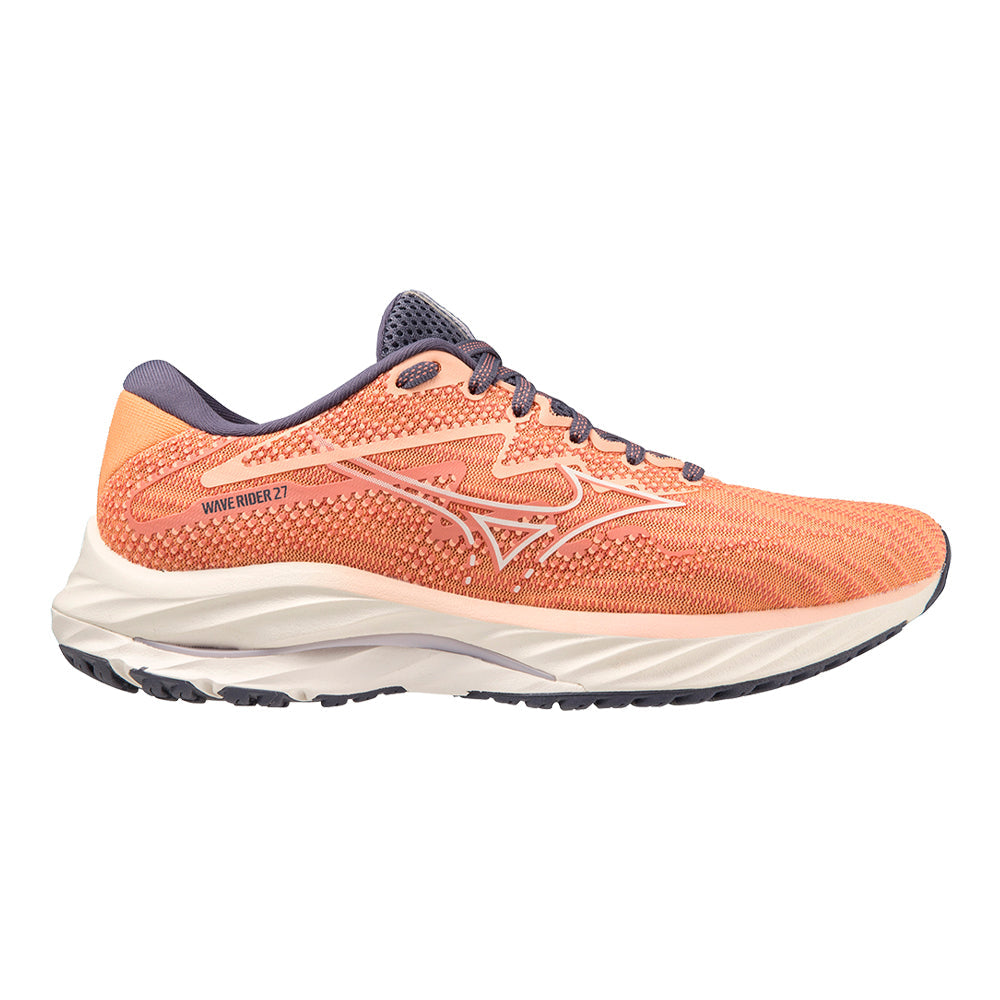 Women's Mizuno Wave Rider 27, Coral Reef/Snow White, 11 B Medium - Skoutley Outdoors LLC