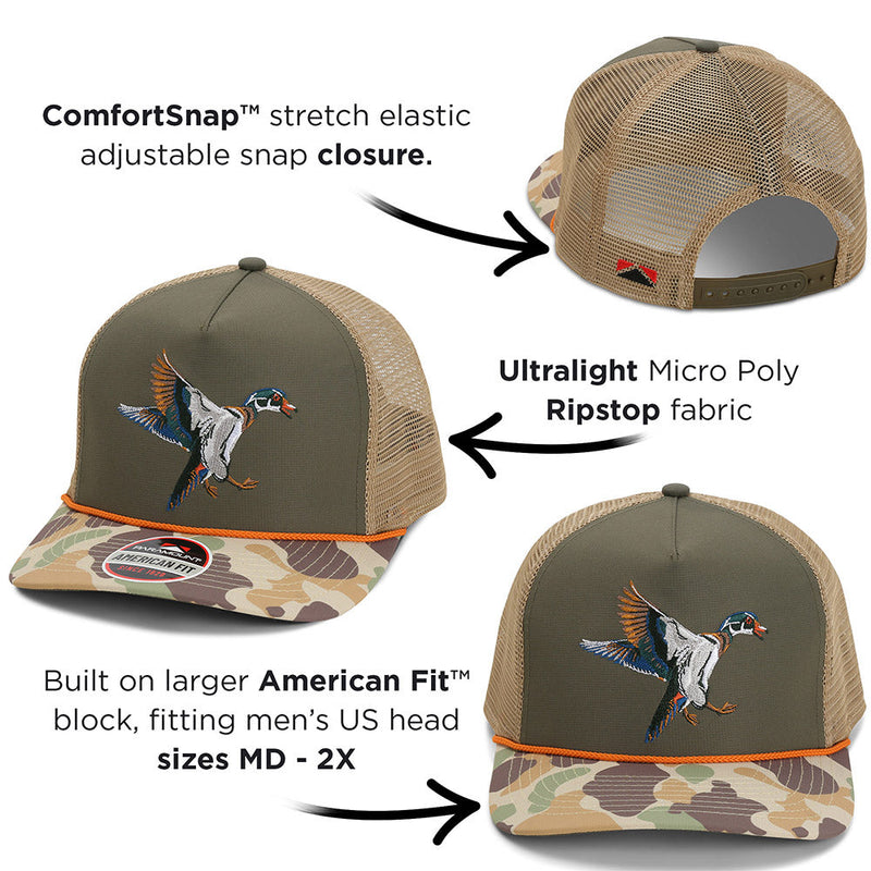 Load image into Gallery viewer, Wood Duck Hat Rope Cap 5-Panel Ridgeline Mesh Back