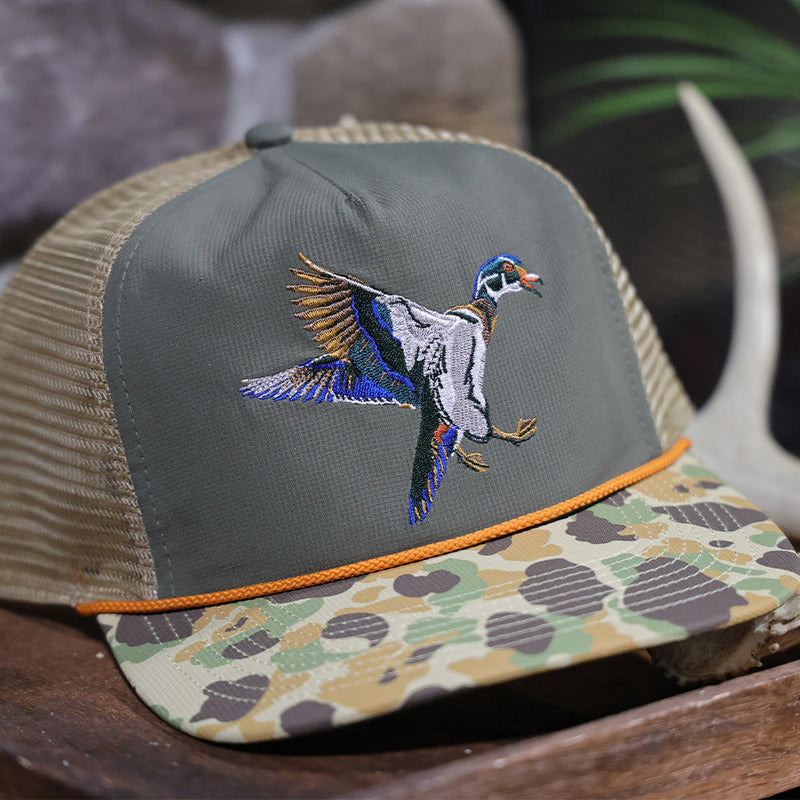 Load image into Gallery viewer, Wood Duck Hat Rope Cap 5-Panel Ridgeline Mesh Back
