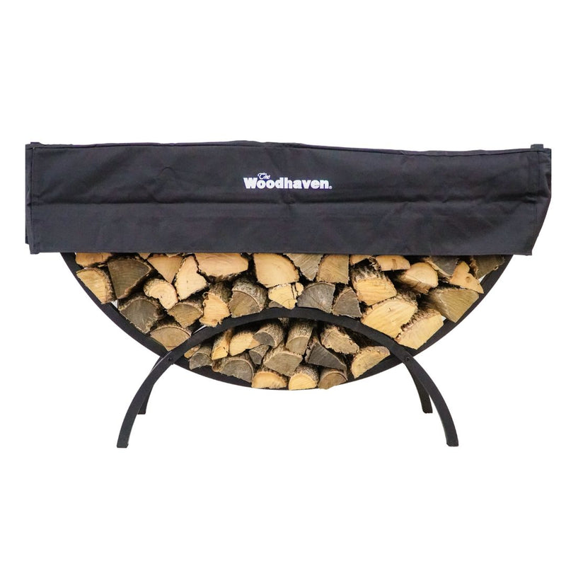 Load image into Gallery viewer, 5 ft Crescent Steel Firewood Rack with Seasoning Cover Woodhaven