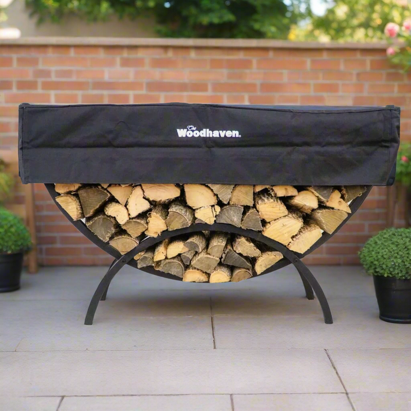 Load image into Gallery viewer, 5 ft Crescent Steel Firewood Rack with Seasoning Cover Woodhaven