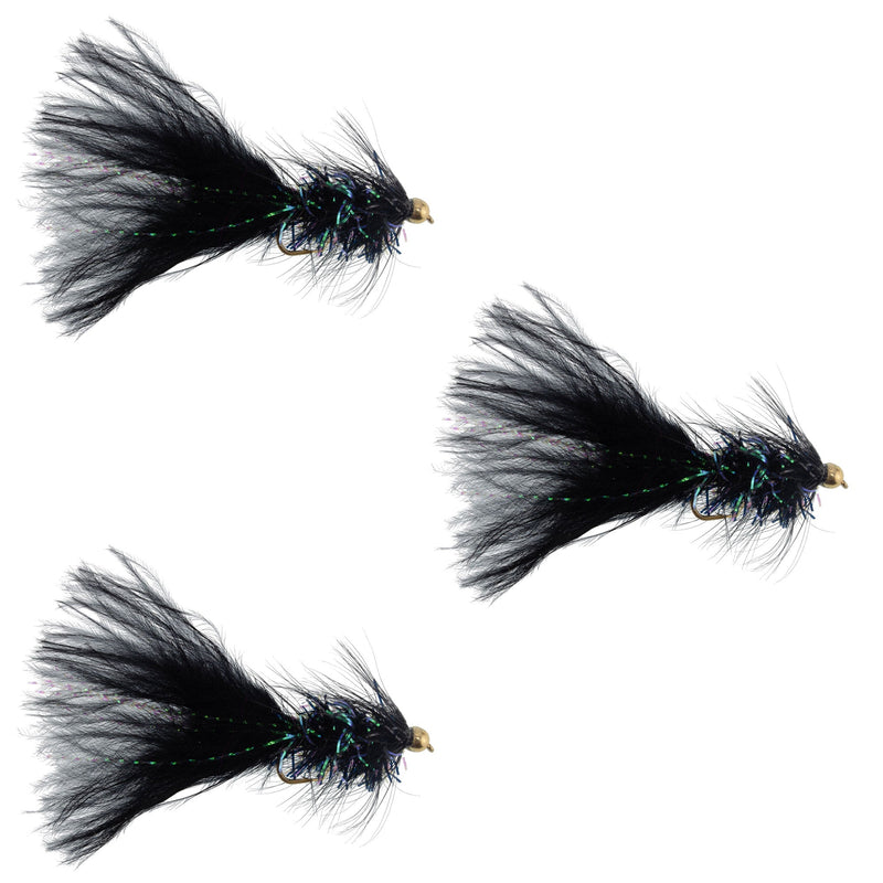 Load image into Gallery viewer, 3 Pack Black Bead Head Crystal Woolly Bugger Streamer Flies Size 4