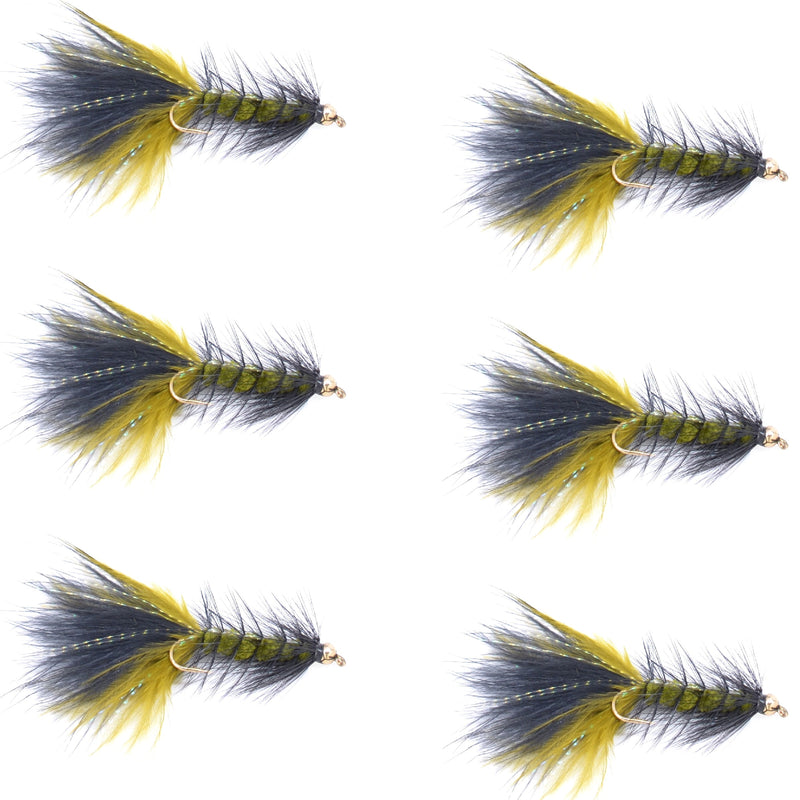 Load image into Gallery viewer, Olive Black Bead Head Crystal Woolly Bugger Streamer Fliy - 6 Flies - Size 4