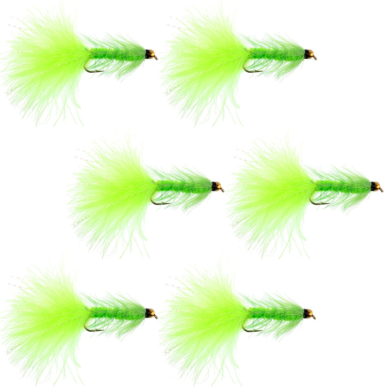 Load image into Gallery viewer, Chartreuse Bead Head Crystal Woolly Bugger Streamer Flies - 6 Flies - Size 8