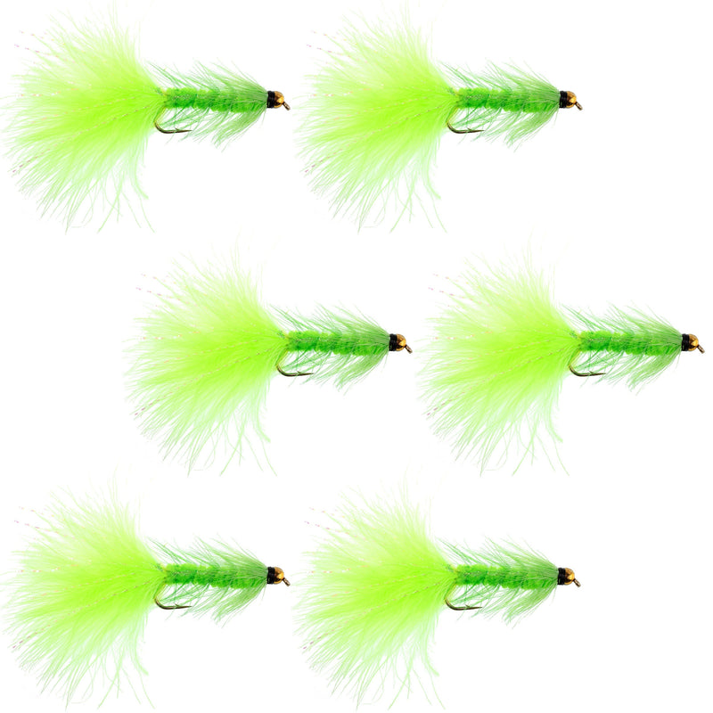 Load image into Gallery viewer, Chartreuse Bead Head Crystal Woolly Bugger Streamer - 6 Flies - Size 4
