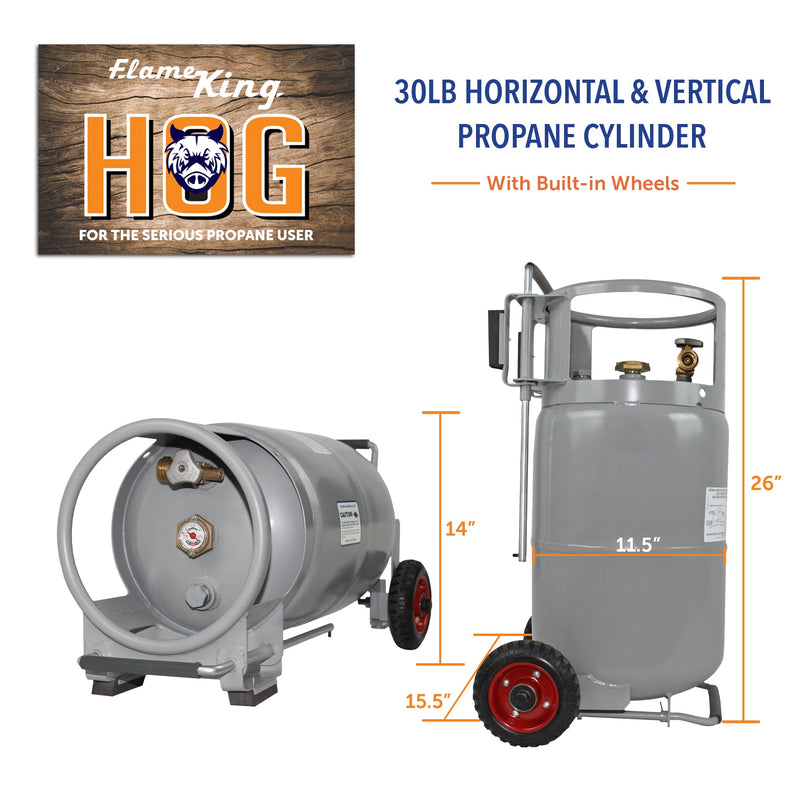 Load image into Gallery viewer, Flame King 30lb Horizontal & Vertical Propane Cylinder Gauge OPD & Wheels