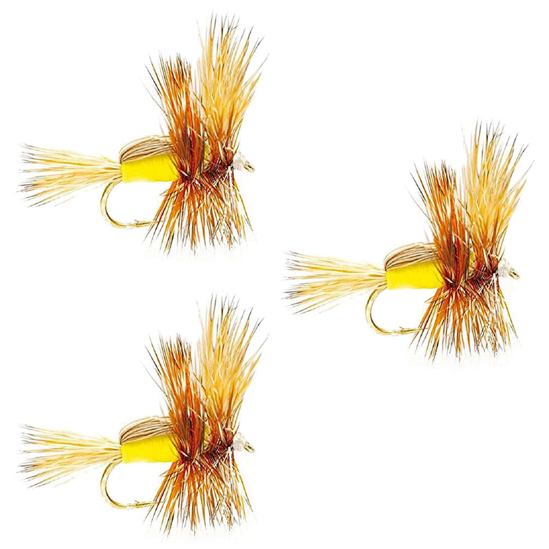 Load image into Gallery viewer, 3 Pack Barbless Yellow Humpy Classic Hair Wing Dry Fly - Hook Size 14