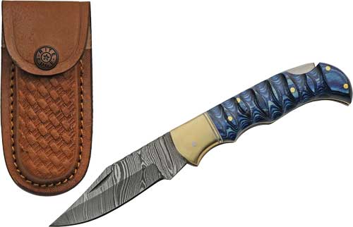 Szco Rite Edge 3" Blue Grooved - Wood Damascus Lockback W/shth - Skoutley Outdoors LLC