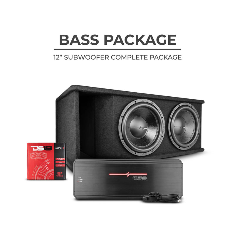 Load image into Gallery viewer, DS18 ZR212LD-PKG Bass Package 2 x ZR12D4 12" Subwoofers In a Ported Box 3200 Watts with ZR2000.1D Class D 1-Channel Amplifier, and Ampkit0