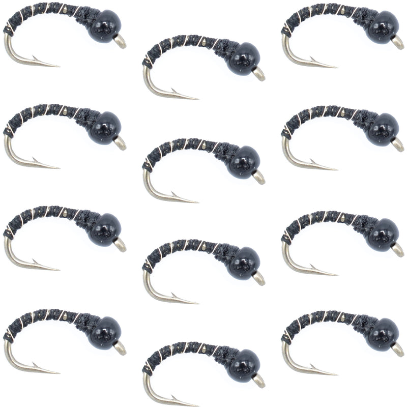 Load image into Gallery viewer, Black Zebra Midge - Black Bead Head - 1 Dozen - Size 18 - Tailwater and Lake Fly Fishing Flies