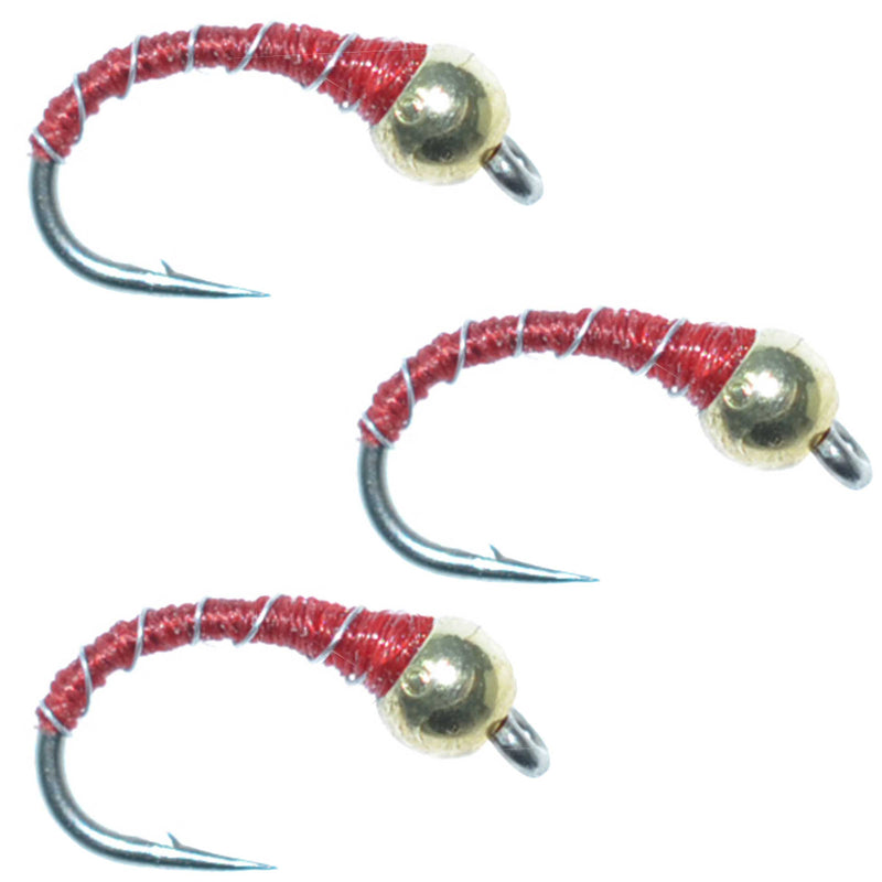 Load image into Gallery viewer, 3 Pack Bead Head Red Zebra Midge Nymph Hook Size 18