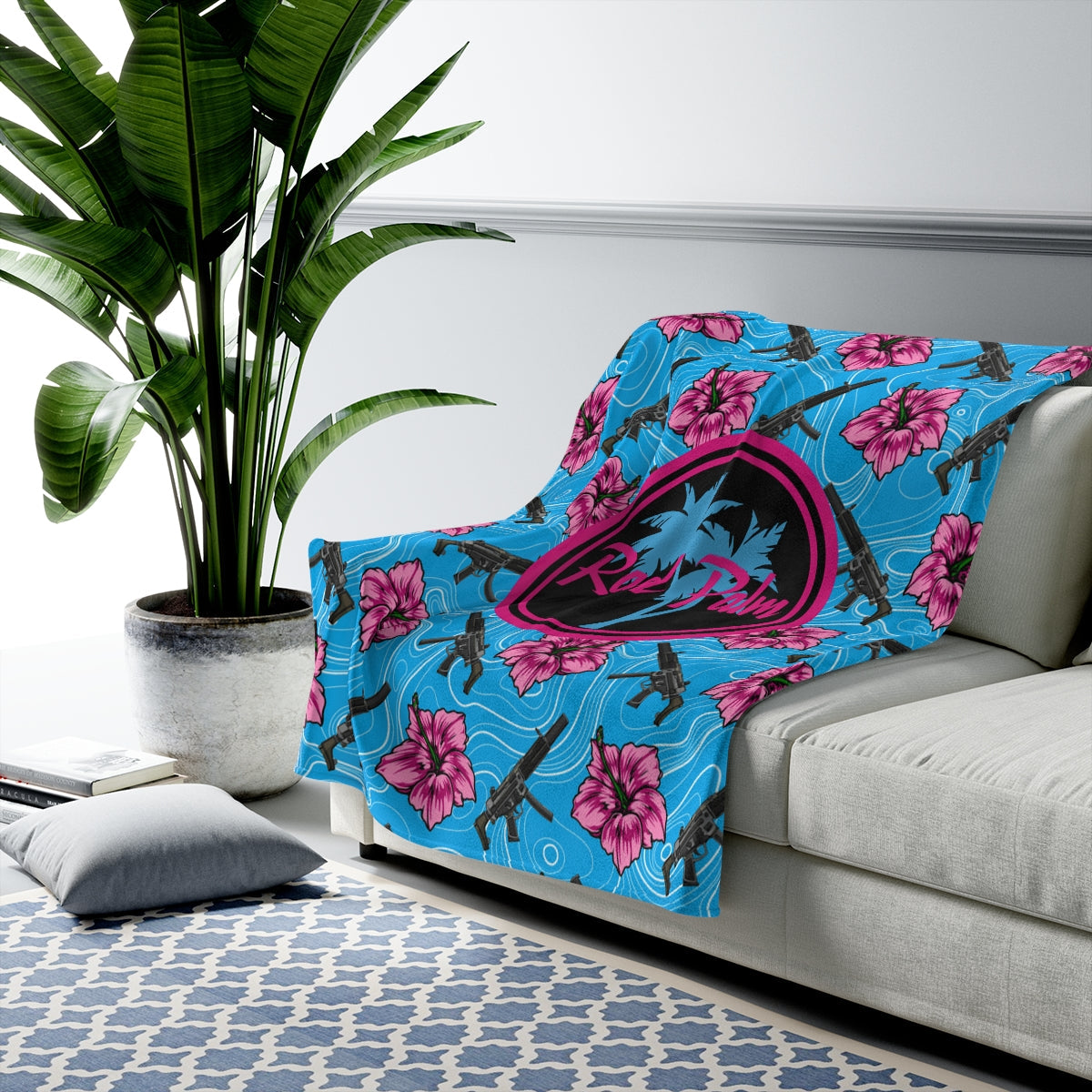 Rad Palm High Capacity Hibiscus Blue Velveteen Plush Blanket