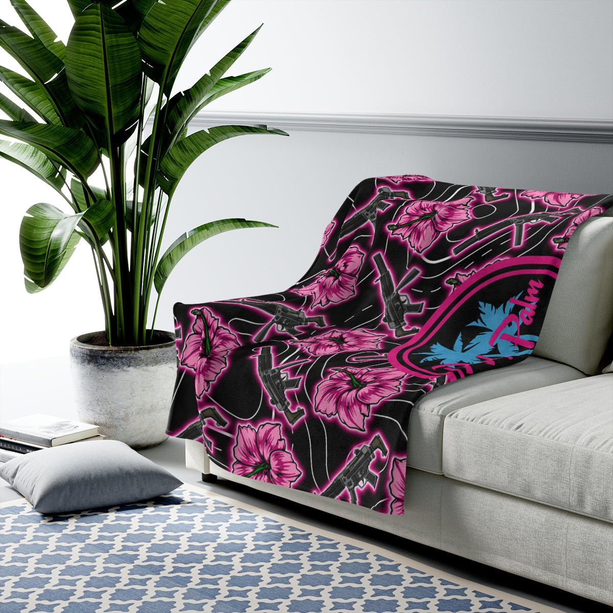Rad Palm High Capacity Hibiscus Black Neon Velveteen Plush Blanket
